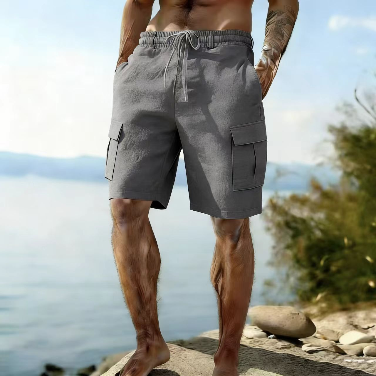 Casual Beach Cotton-linen Cargo Shorts For Men