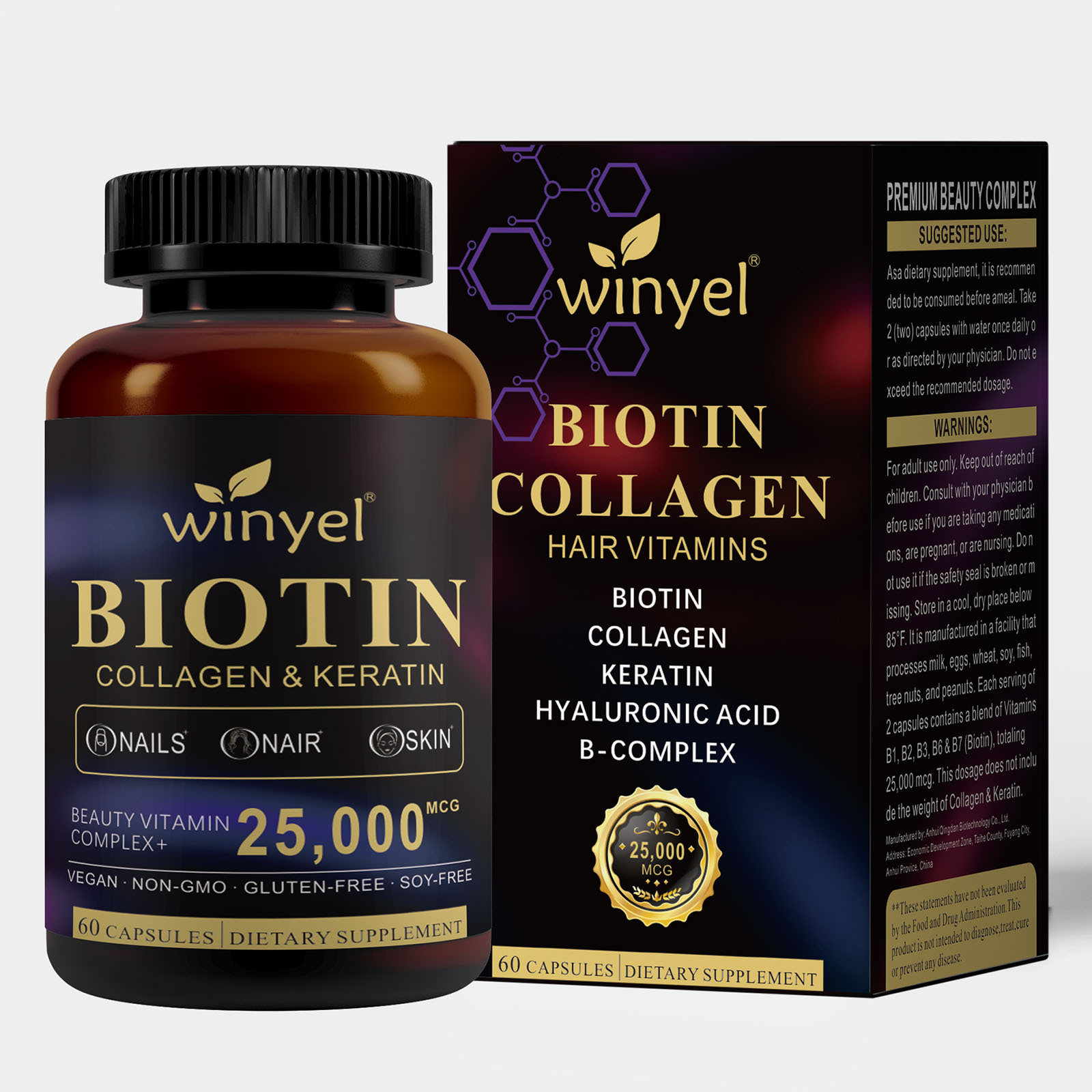 Biotin  Collagen  Hyaluronic Acid  Keratin – Support Normal Hair Growth Cycle – Skin & Nails – 25000mcg Vitamins B1, B2, B3, B6 & B7 – For Women & Men 60 Capsules
